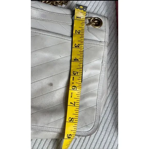 Saint Laurent YSL Bag Womens White Quilted Leather Chain Shoulder Chevron Purse - Picture 10 of 12